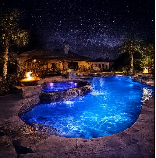 Pool illuminated with blue LED lighting
